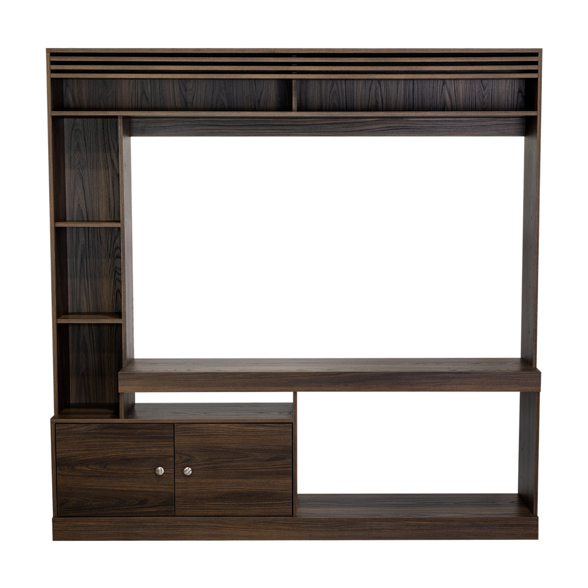 Centro de Entretenimiento Blaine Nogal 180x180.6cm para TV Hasta 65" Pulgadas con Siete Compartimientos - MUEBLES DE TV | Bylmo