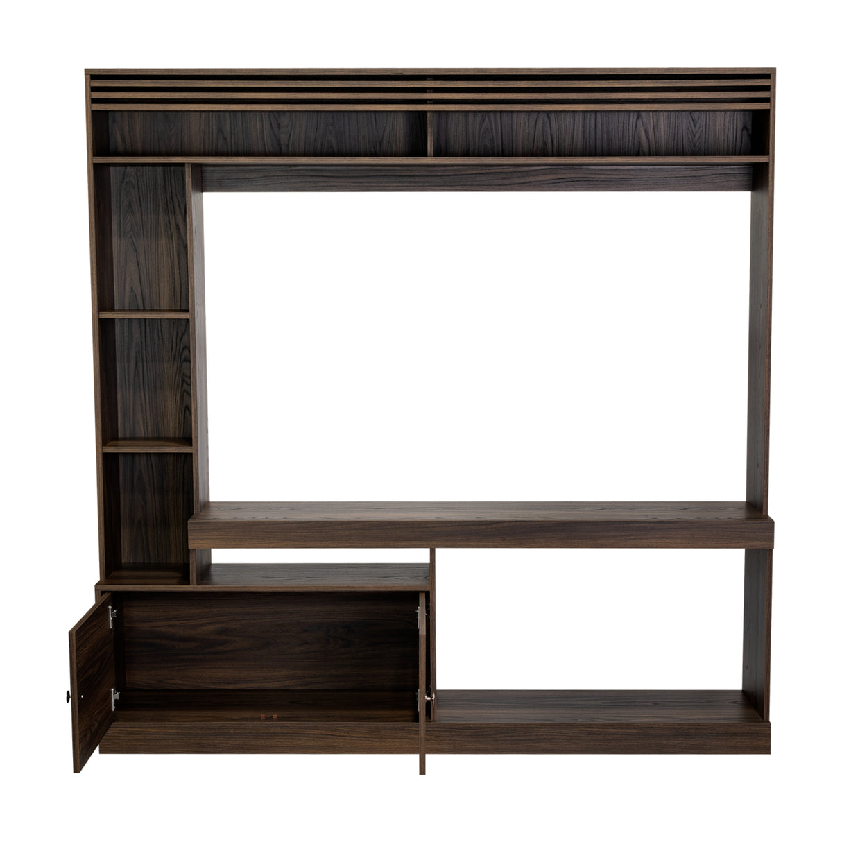 Centro de Entretenimiento Blaine Nogal 180x180.6cm para TV Hasta 65" Pulgadas con Siete Compartimientos - MUEBLES DE TV | Bylmo