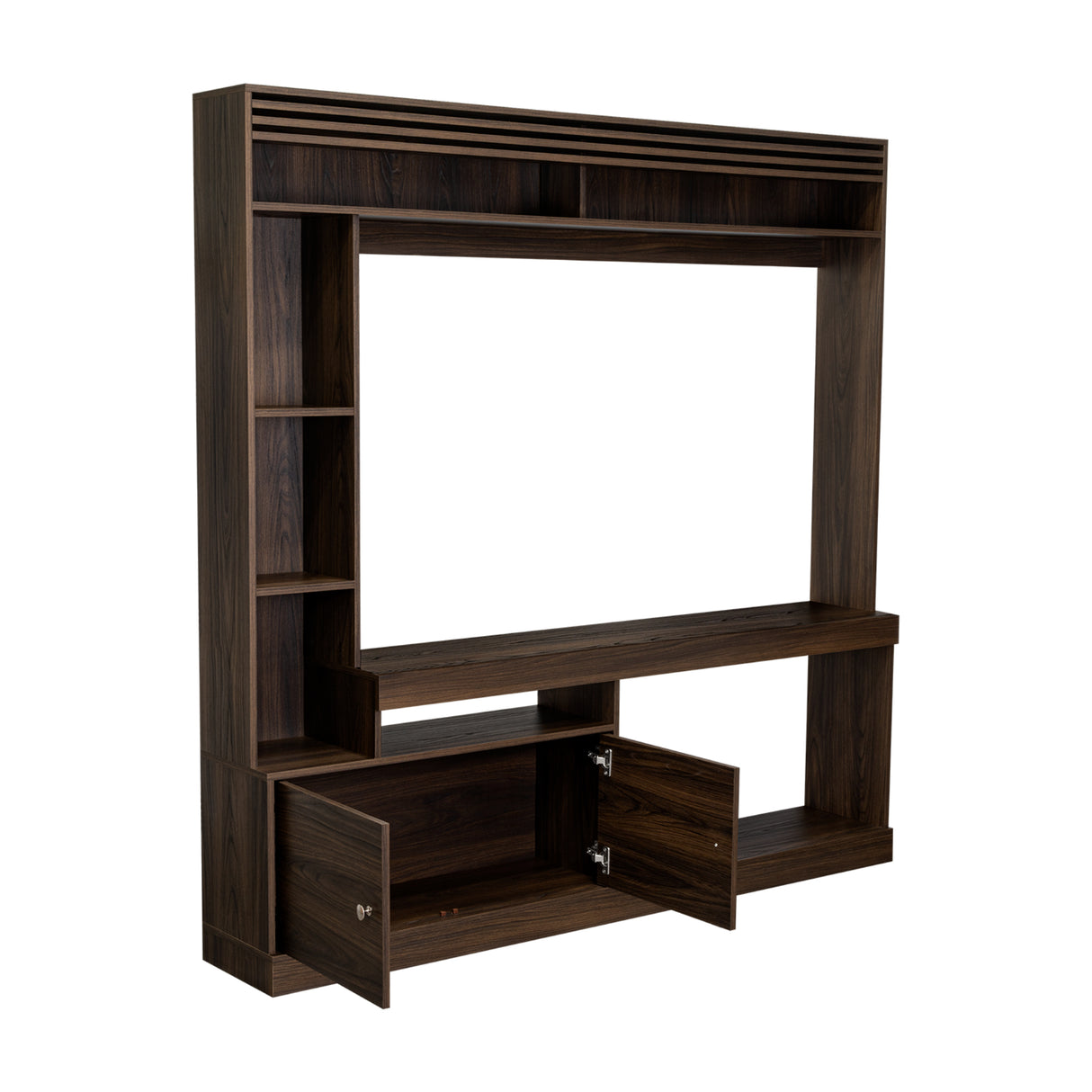 Centro de Entretenimiento Blaine Nogal 180x180.6cm para TV Hasta 65" Pulgadas con Siete Compartimientos - MUEBLES DE TV | Bylmo