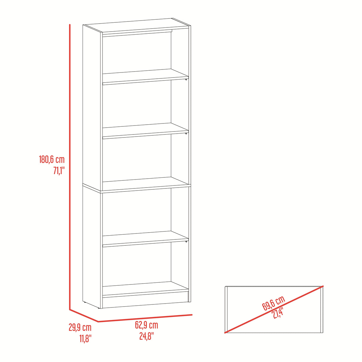 Estantería Rectangular Home Fresno Europeo y Blanco Marquez 62.8x180.6cm con Cuatro Compartimientos y con Tres Entrepaños - BIBLIOTECAS Y ESTANTERIAS | Bylmo