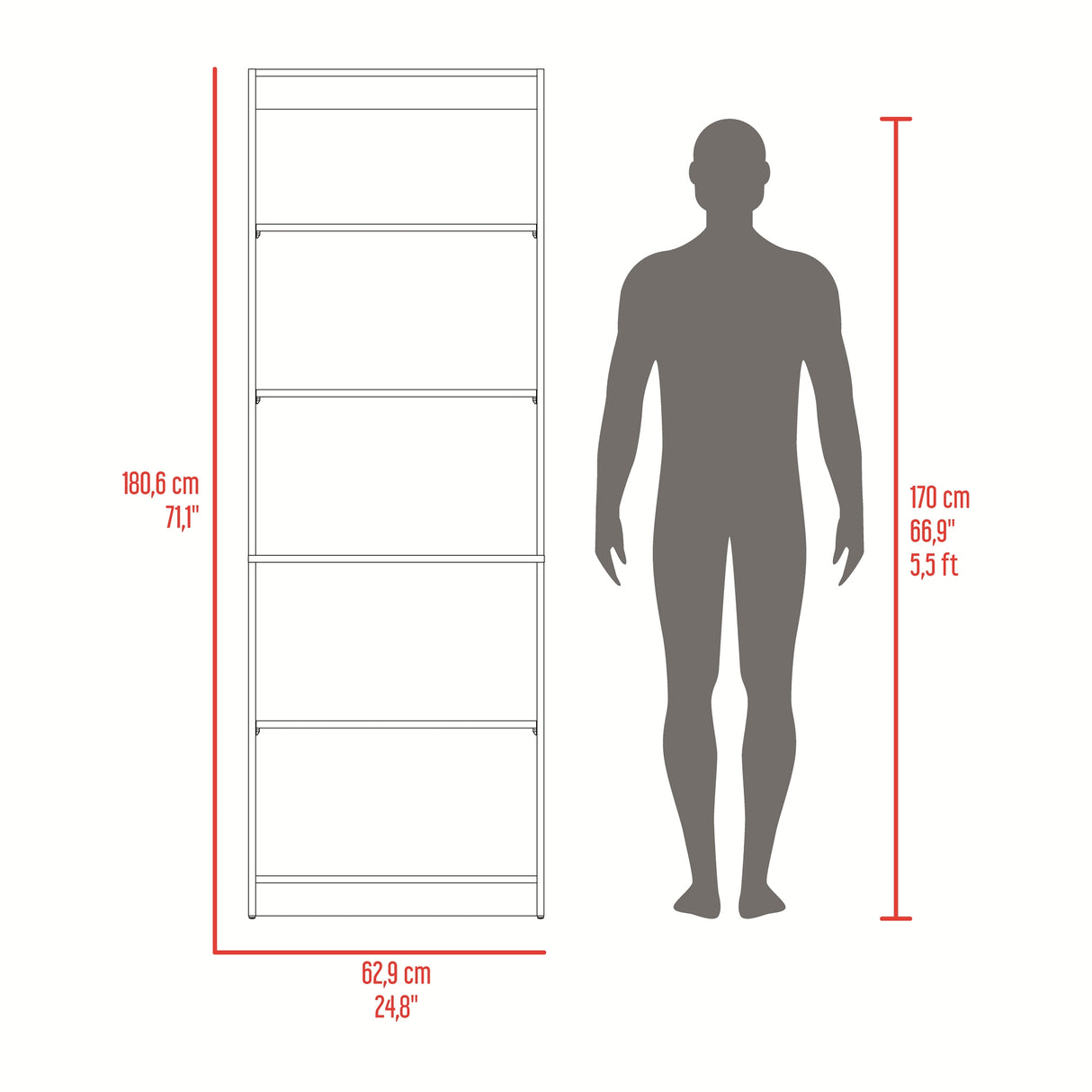 Estantería Rectangular Home Fresno Europeo y Blanco Marquez 62.8x180.6cm con Cuatro Compartimientos y con Tres Entrepaños - BIBLIOTECAS Y ESTANTERIAS | Bylmo
