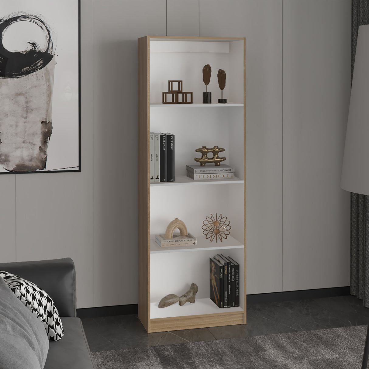 Estantería Rectangular Home Fresno Europeo y Blanco 62.8x180.6cm con Cuatro Compartimientos y con Tres Entrepaños - BIBLIOTECAS Y ESTANTERIAS | Bylmo