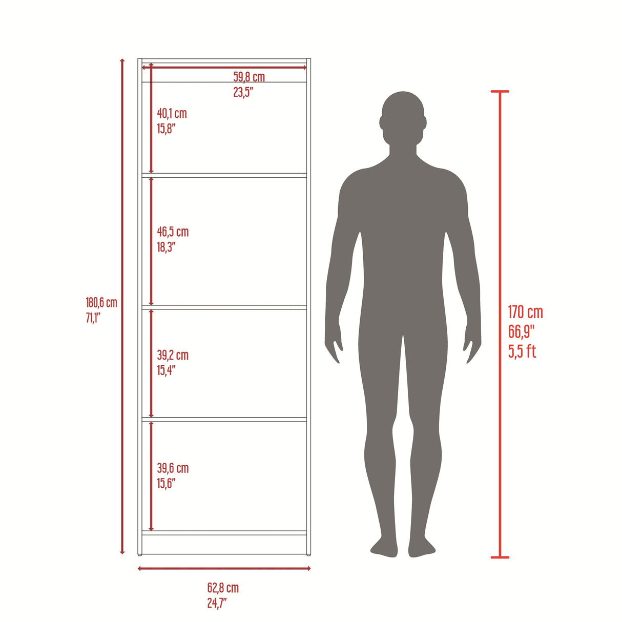 Estantería Rectangular Home Fresno Europeo y Blanco 62.8x180.6cm con Cuatro Compartimientos y con Tres Entrepaños - BIBLIOTECAS Y ESTANTERIAS | Bylmo