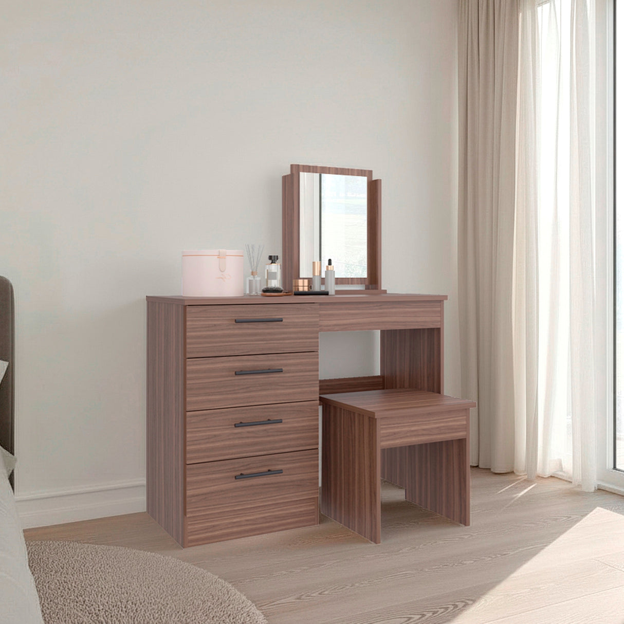 Tocador Kaia Avellana y Wengue 100x126.7cm con Cuatro Cajones y con Espejo - TOCADORES | Bylmo