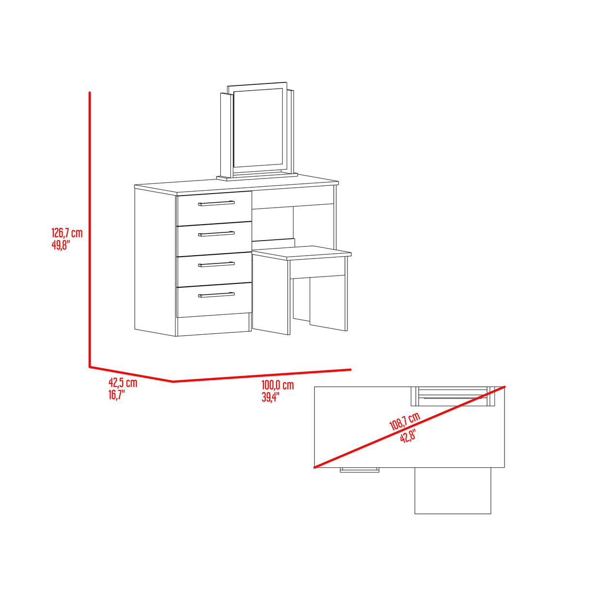 Tocador Kaia Avellana y Wengue 100x126.7cm con Cuatro Cajones y con Espejo - TOCADORES | Bylmo