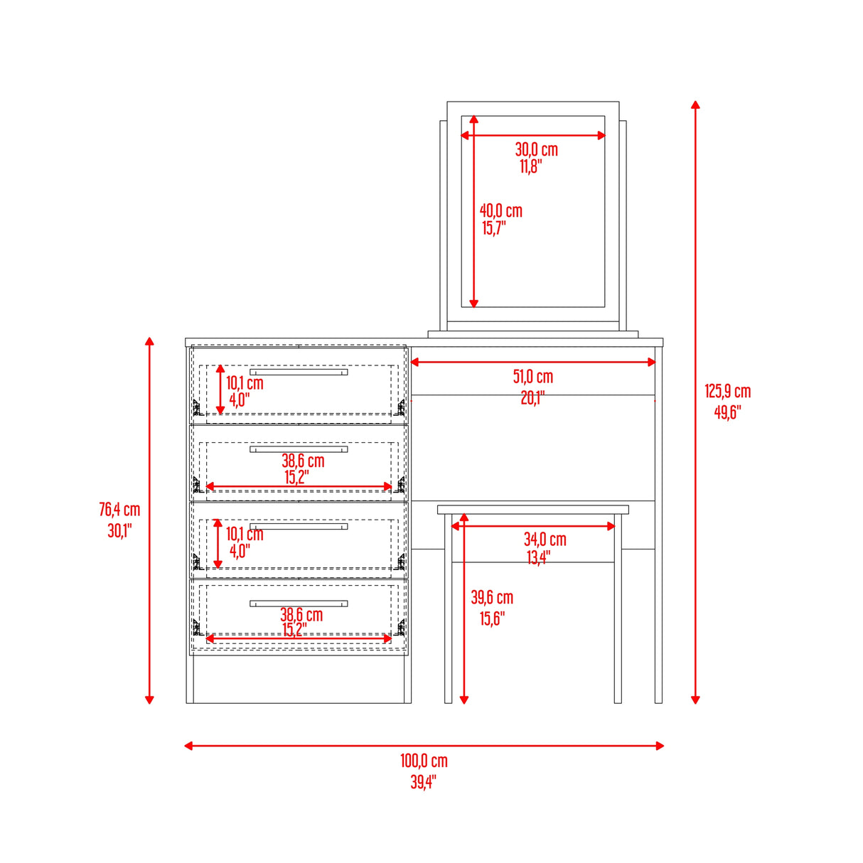 Tocador Kaia Avellana y Wengue 100x126.7cm con Cuatro Cajones y con Espejo - TOCADORES | Bylmo
