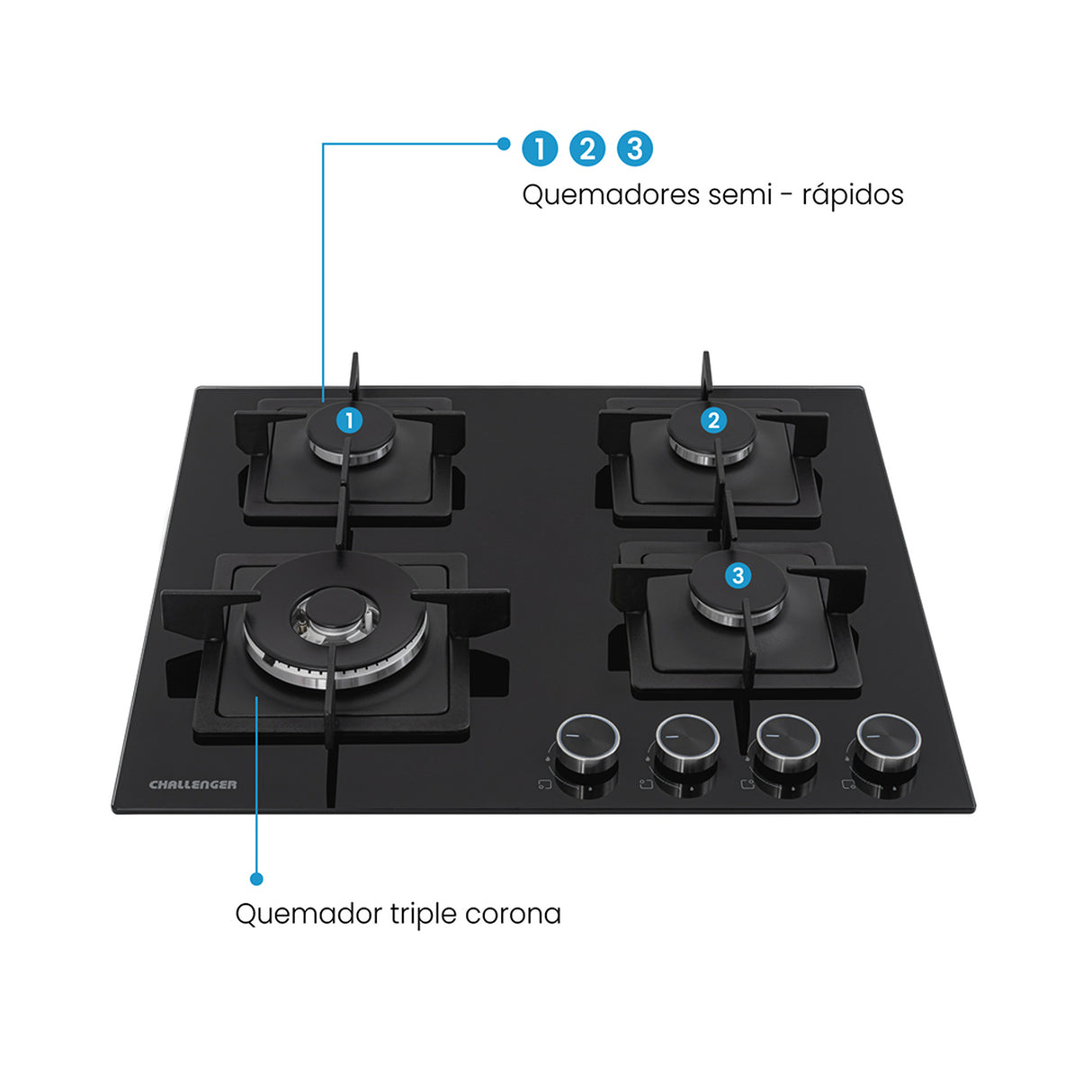 Estufa de Empotrar Challenger Aura Negro 59.1x51.1cm 110 Voltios para Gas Natural con Cuatro Quemadores - ESTUFAS DE EMPORTRAR Y CUBIERTAS | Bylmo