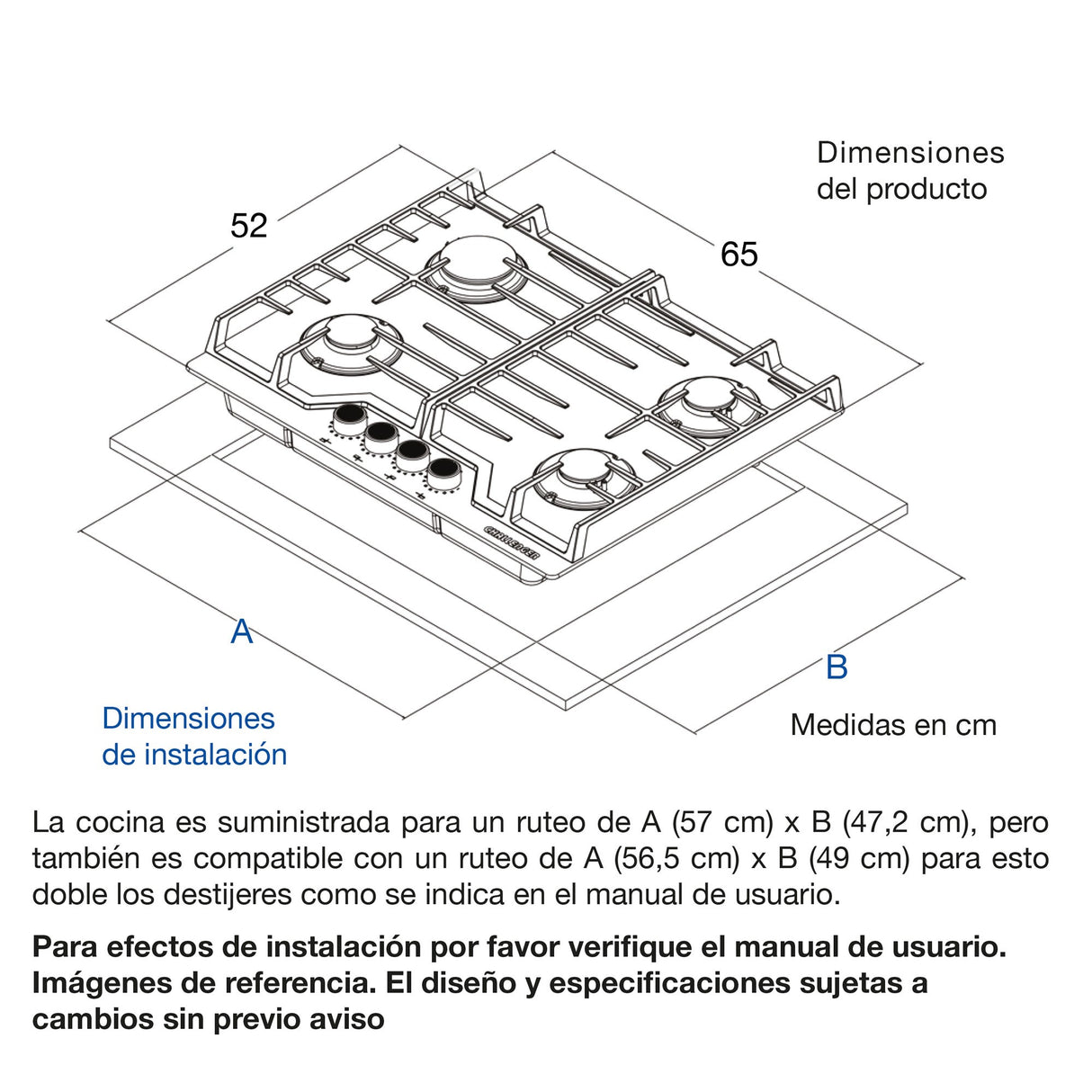 Estufa de Empotrar Challenger Cristal Squadra Negro 65x52cm para Gas Natural con Cuatro Quemadores - ESTUFAS DE EMPORTRAR Y CUBIERTAS | Bylmo