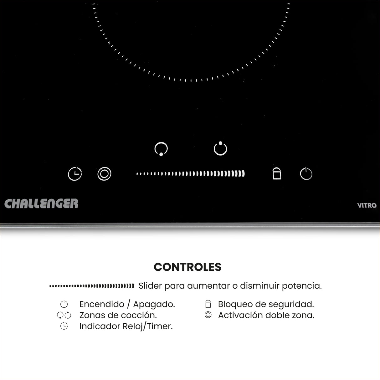 Estufa de Empotrar Challenger Vitrocerámica Negro 30x50cm 220 Voltios con Dos Quemadores y con Pantalla Digital - ESTUFAS DE EMPORTRAR Y CUBIERTAS | Bylmo