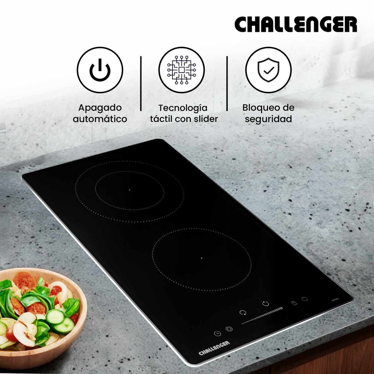 Estufa de Empotrar Challenger Vitrocerámica Negro 30x50cm 220 Voltios con Dos Quemadores y con Pantalla Digital - ESTUFAS DE EMPORTRAR Y CUBIERTAS | Bylmo