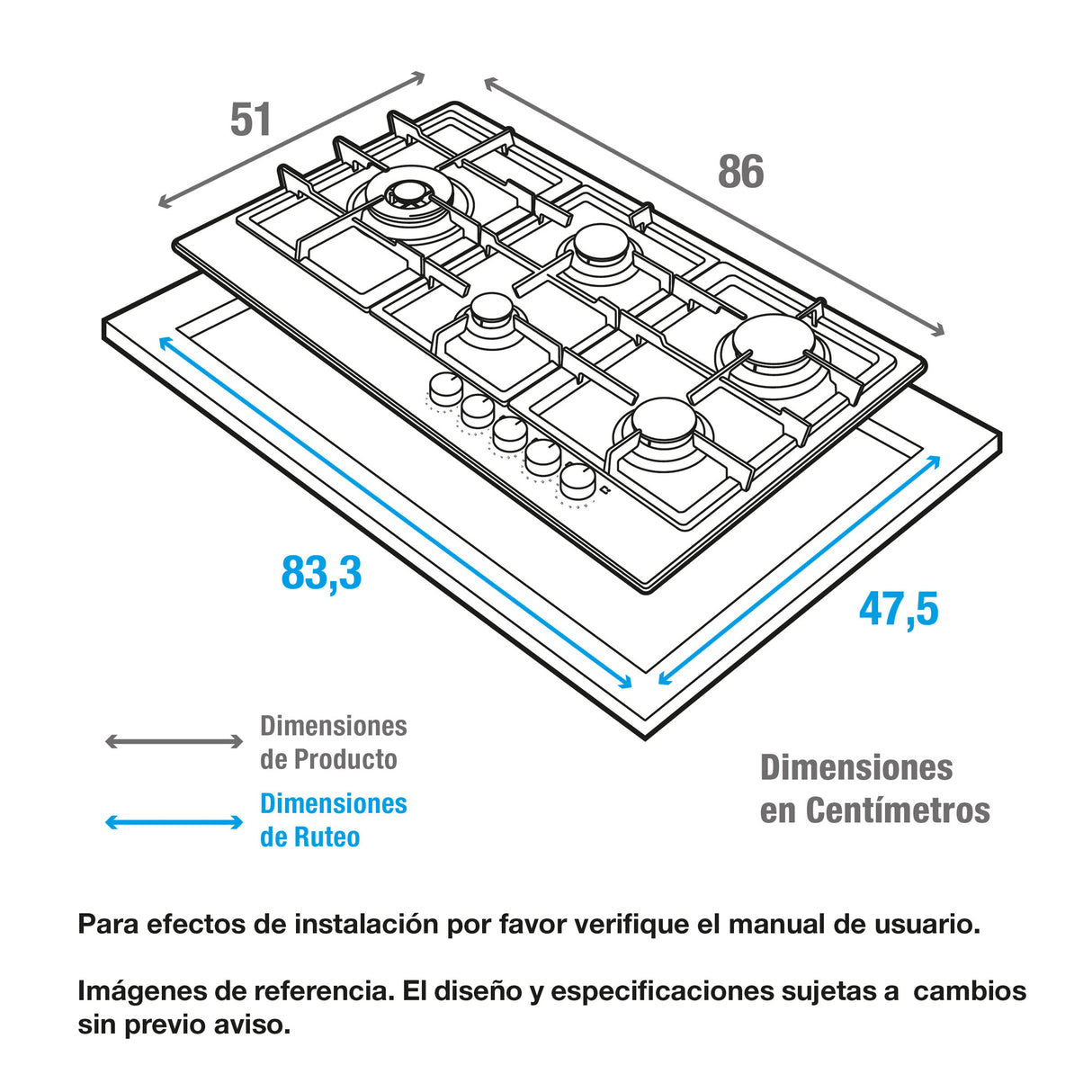 Estufa de Empotrar Challenger Verona Plateado y Negro 86x51cm 110 Voltios para Gas Natural con Cinco Quemadores - ESTUFAS DE EMPORTRAR Y CUBIERTAS | Bylmo