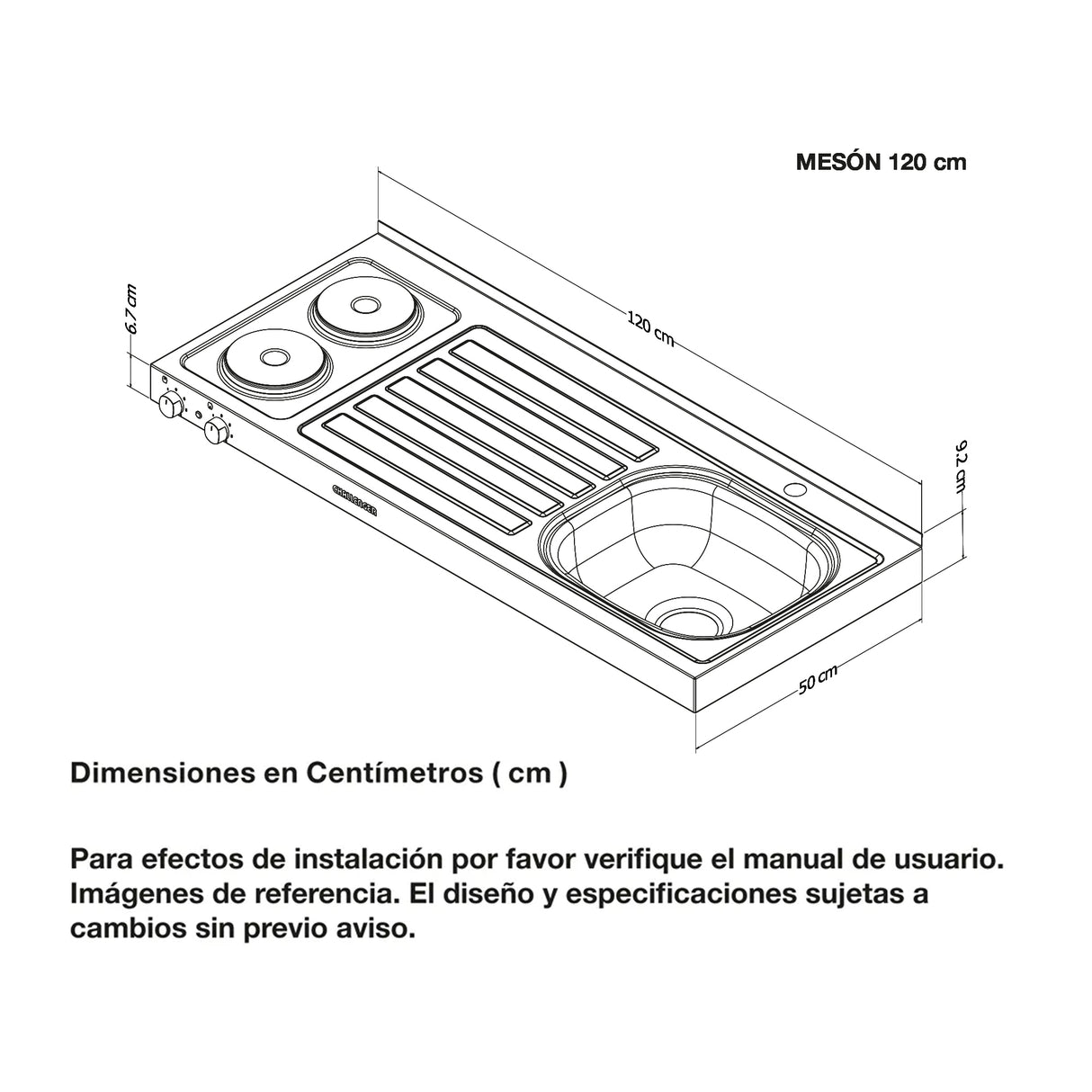 Mesón de Cocina Challenger Gris 120x50cm de Acero Inoxidable con Pozuelo Lado Izquierdo y con Estufa - MESONES DE COCINA | Bylmo