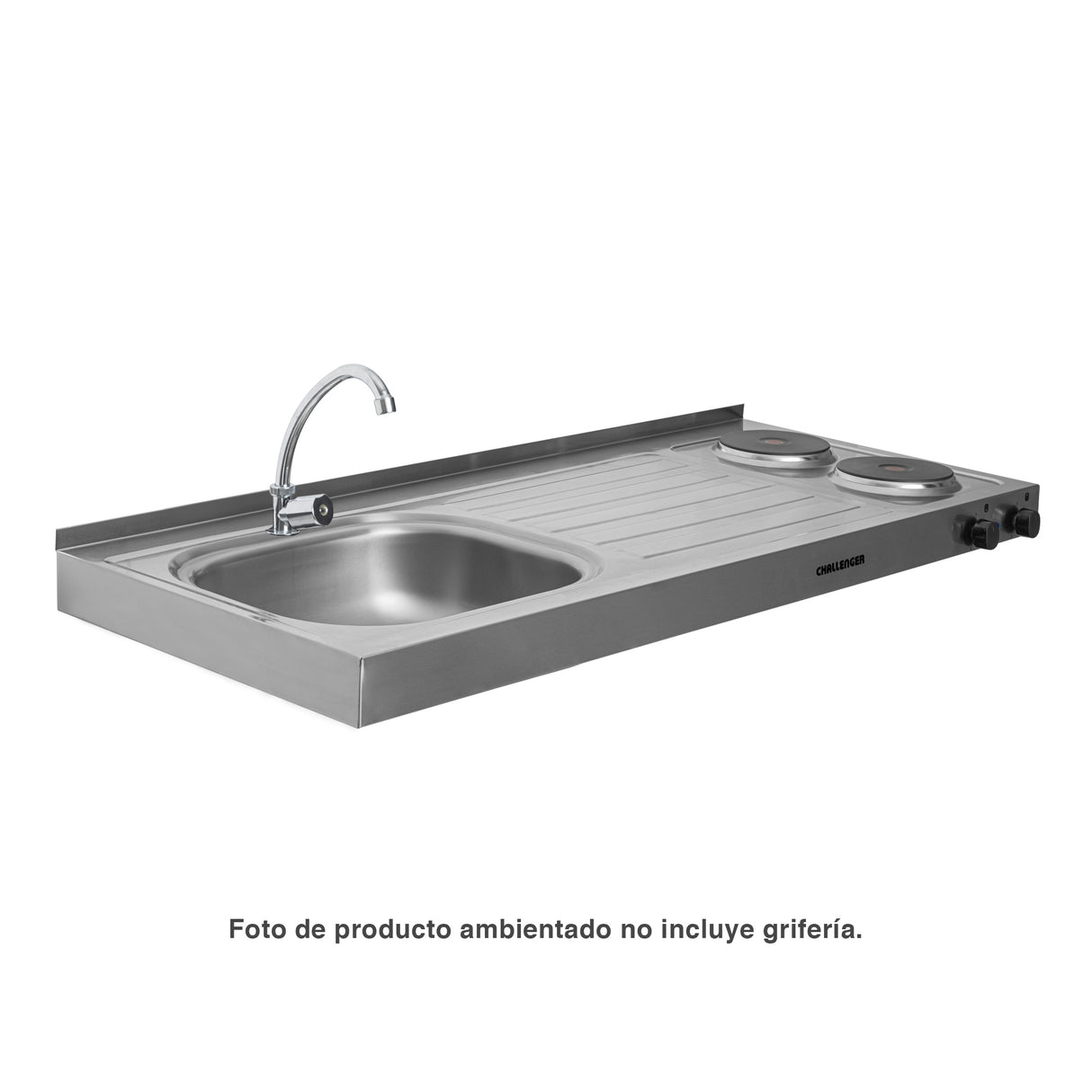 Mesón de Cocina Challenger Gris 120x50cm de Acero Inoxidable con Pozuelo Lado Izquierdo y con Estufa - MESONES DE COCINA | Bylmo