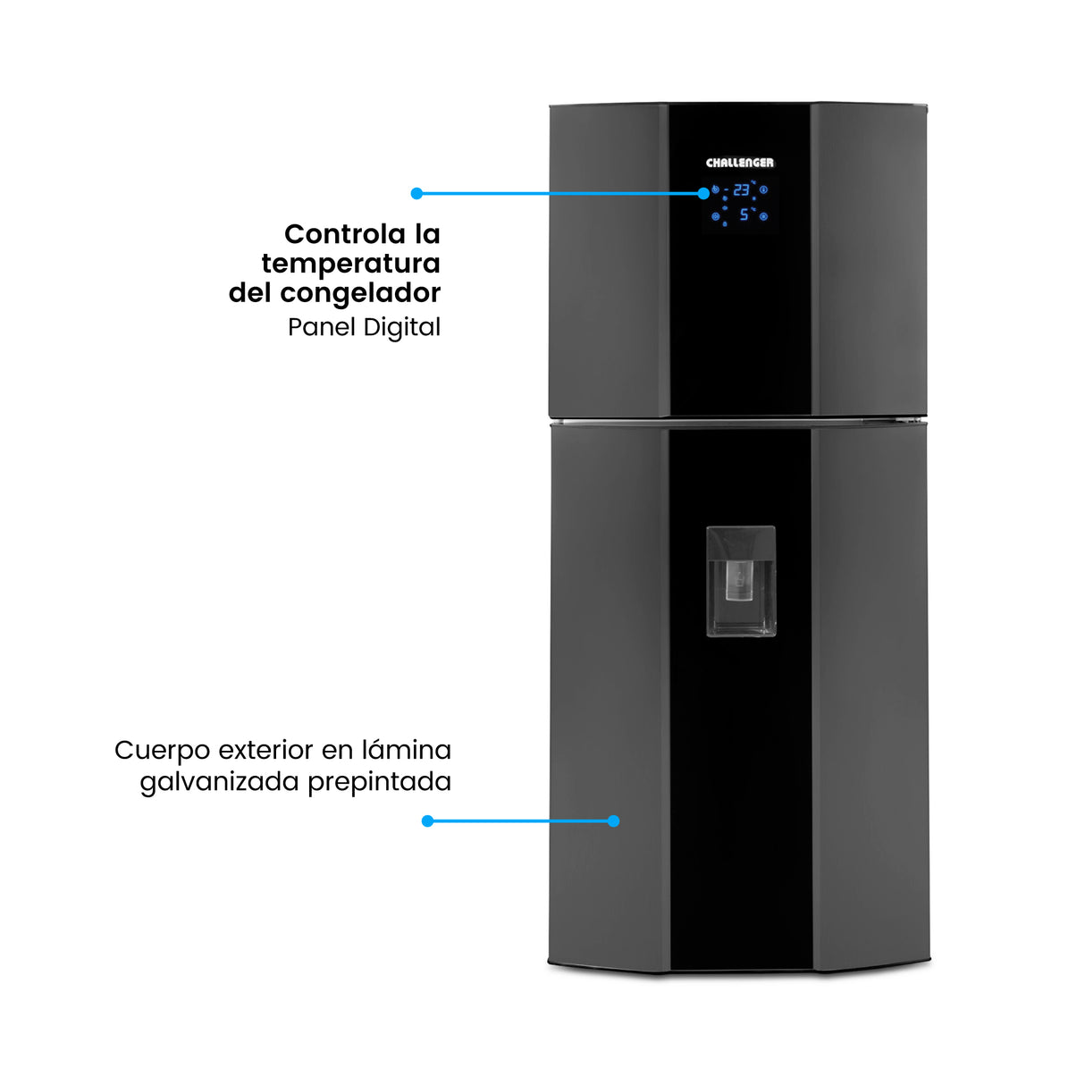 Nevera Challenger Black Gris y Negro 69x174cm No Frost de 367 Litros con Dispensador de Agua y con Congelador - NEVERAS | Bylmo