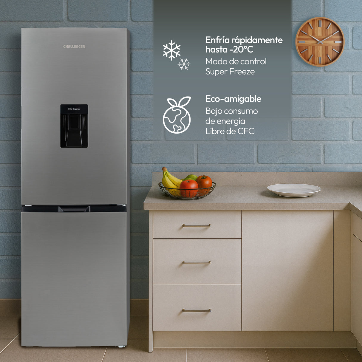 Nevera Challenger Bottom Freezer Gris 60x185cm No Frost de 325 Litros y con Congelador - NEVERAS | Bylmo