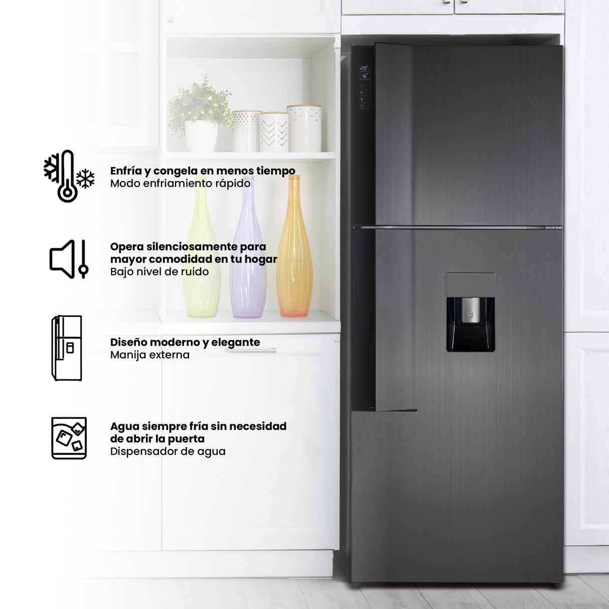 Nevera Inverter Challenger E - Cool Gris Oscuro 68x185cm No Frost de 462 Litros con Dispensador de Agua y con Congelador - NEVERAS | Bylmo