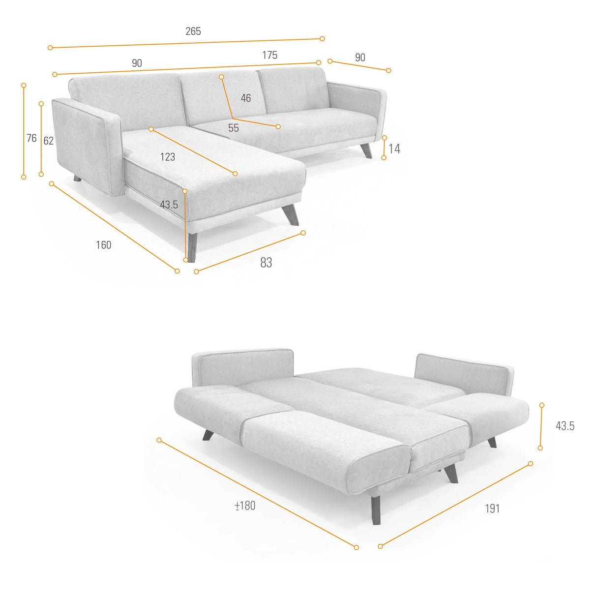 Sofá Cama en L Derecha Chelsea Gris y Matiz Caoba 175x76cm de Dos Puestos Reclinable con Apoya Brazos - SOFAS Y POLTRONAS | Bylmo