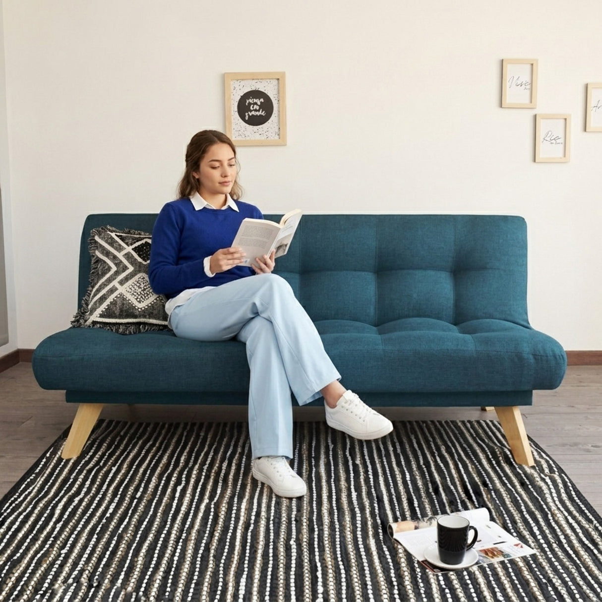 Sofá Cama Porto Azul y Matiz Natural 182x85cm de Tres Puestos Reclinable sin Apoya Brazos - SOFAS Y POLTRONAS | Bylmo