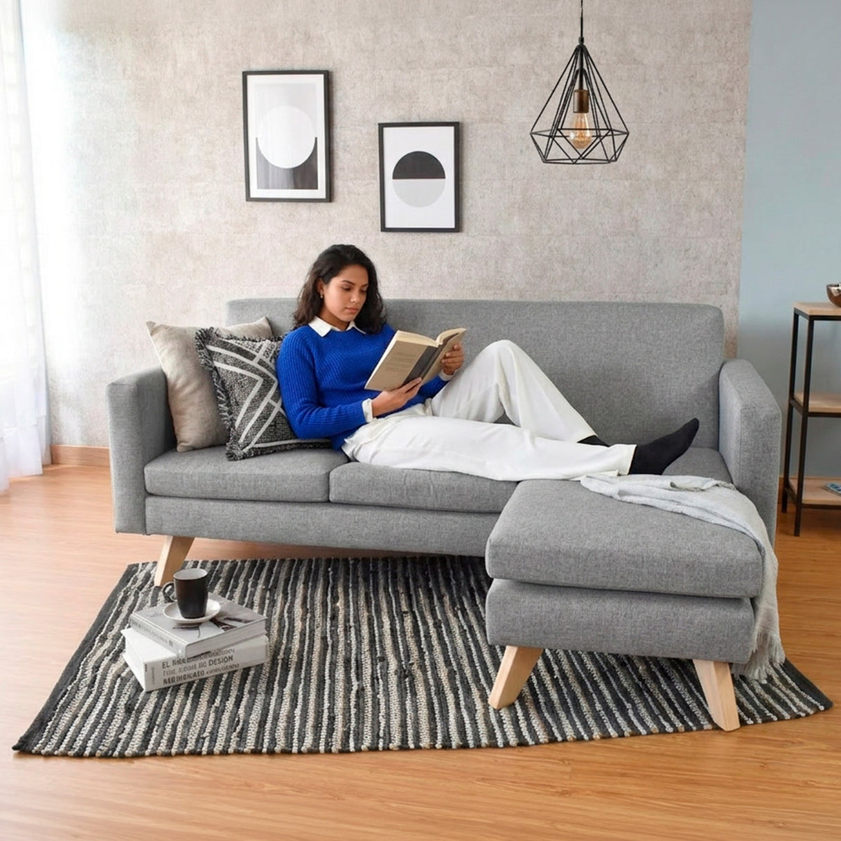 Sofá en L Burdeos Plata y Matiz Natural 192x82cm de Tres Puestos con Apoya Brazos - SOFAS Y POLTRONAS | Bylmo