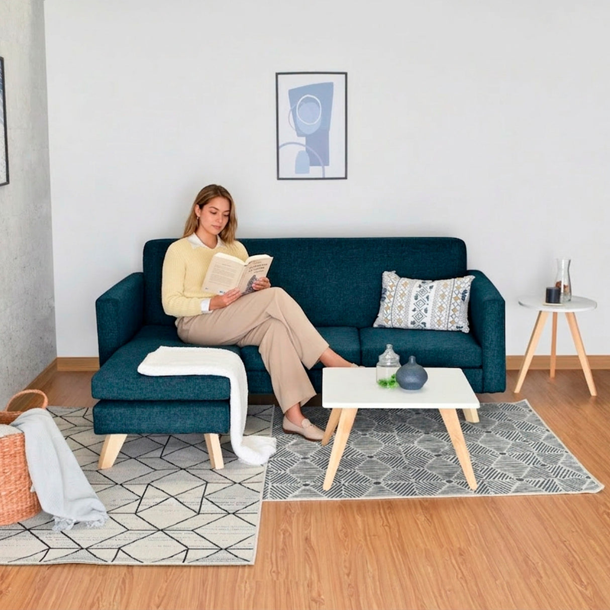 Sala Burdeos Azul y Matiz Natural 192x82cm de Tres Puestos con Apoya Brazos - SOFAS Y POLTRONAS | Bylmo