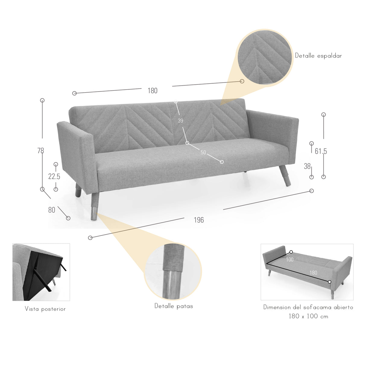 Sofá Cama Artemisa Plata y Matiz Natural 196x78cm de Tres Puestos Reclinable con Apoya Brazos - SOFAS Y POLTRONAS | Bylmo