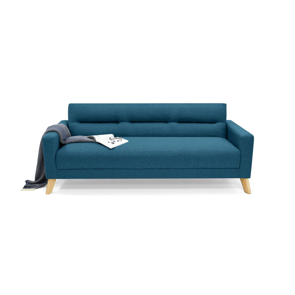 Sofá Cama Sion Azul y Matiz Natural 206x82cm de Tres Puestos Reclinable con Apoya Brazos - SOFAS Y POLTRONAS | Bylmo