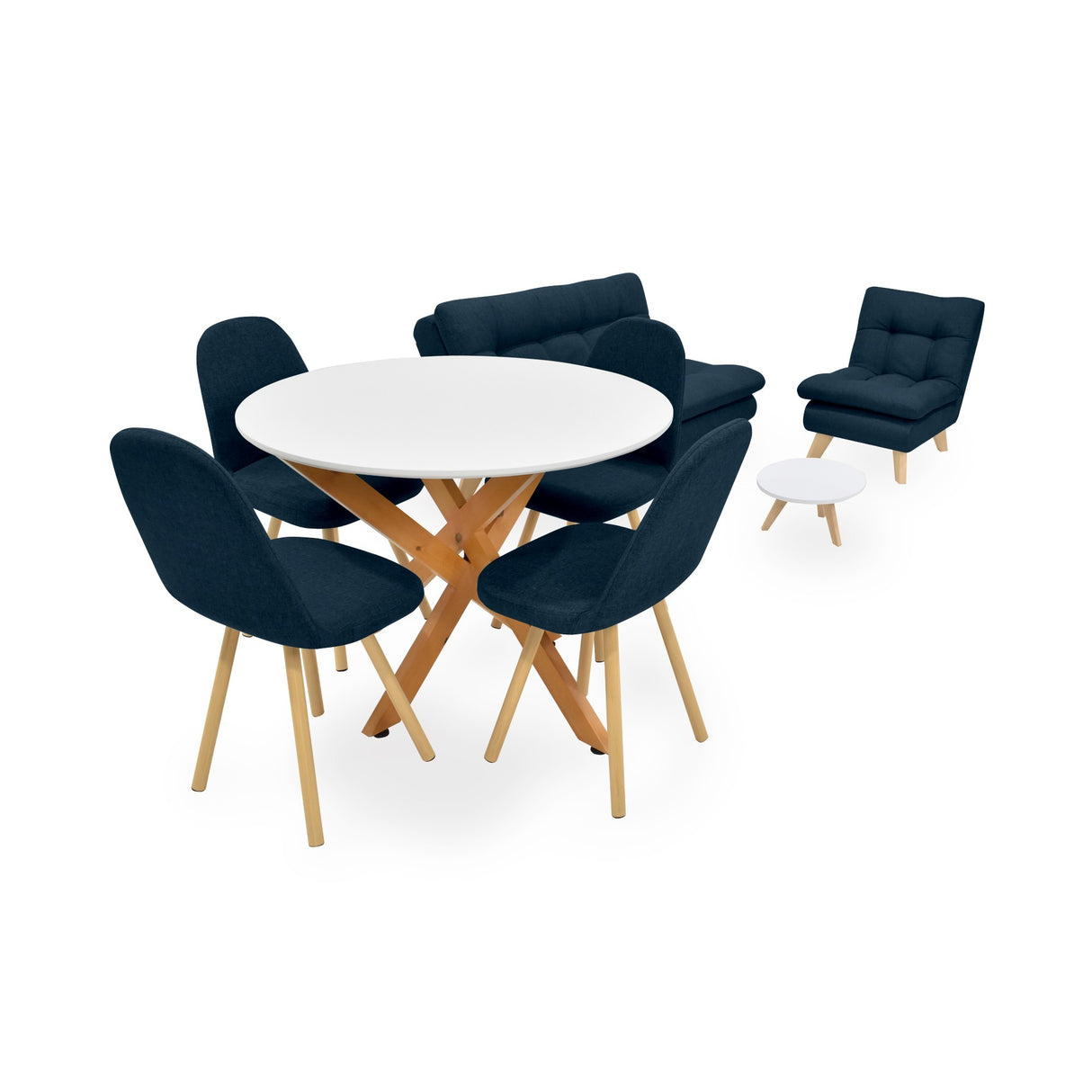 Combo Sala y Comedor Toulouse Azul y Matiz Natural 140x80cm de Dos Puestos sin Apoya Brazos con Cuatro Sillas - SOFAS Y POLTRONAS | Bylmo