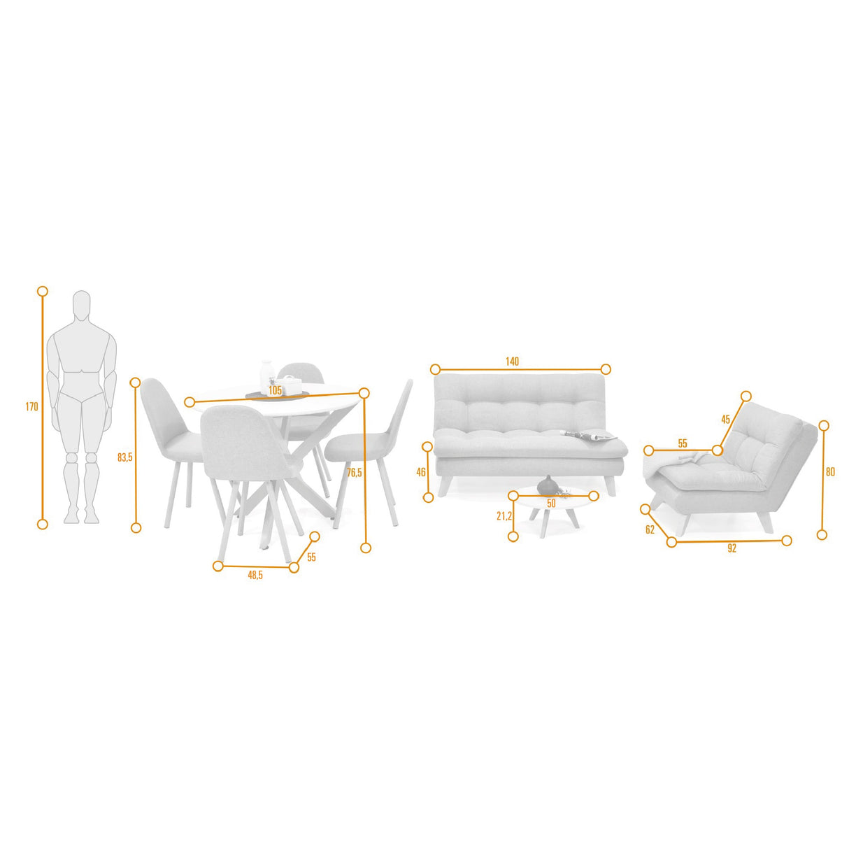 Combo Sala y Comedor Toulouse Azul y Matiz Natural 140x80cm de Dos Puestos sin Apoya Brazos con Cuatro Sillas - SOFAS Y POLTRONAS | Bylmo