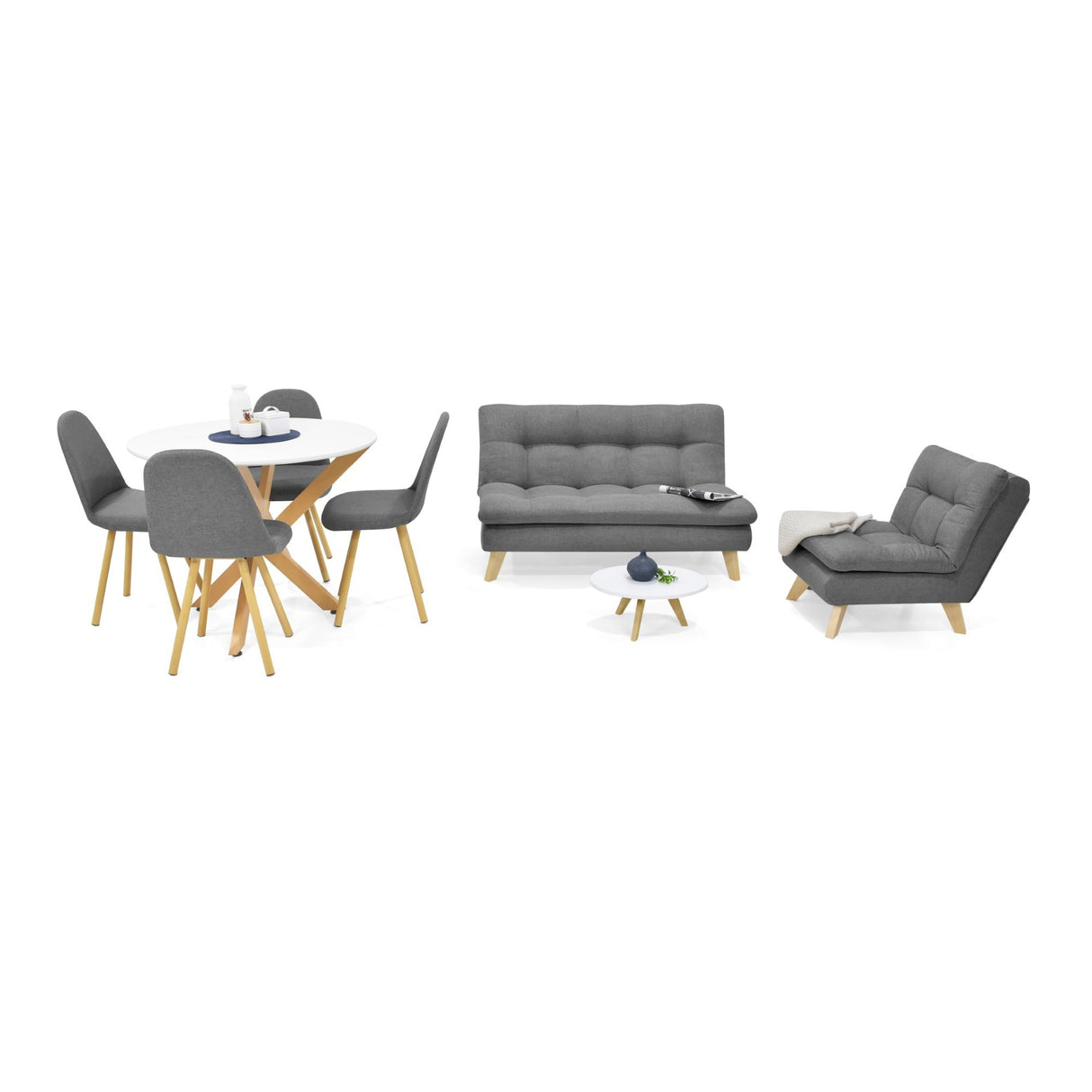 Combo Sala y Comedor Toulouse Gris y Matiz Natural 140x80cm de Dos Puestos sin Apoya Brazos y con 4 Sillas de Comedor - SOFAS Y POLTRONAS | Bylmo