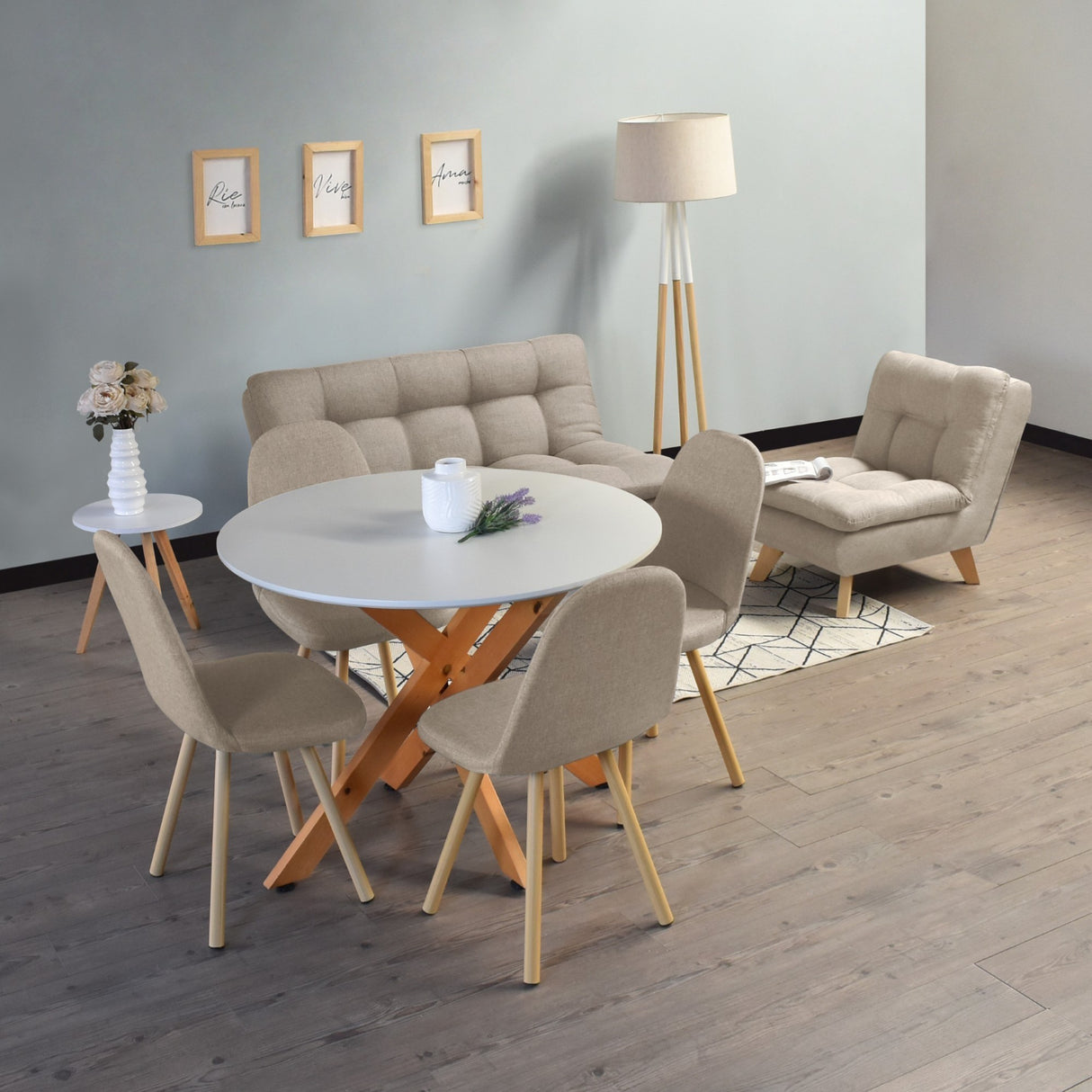 Combo Sala y Comedor Toulouse Beige y Matiz Natural 140x80cm de Dos Puestos sin Apoya Brazos y con Cuatro Sillas - SOFAS Y POLTRONAS | Bylmo