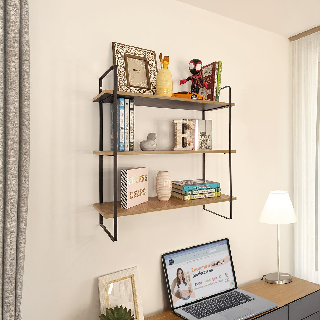 Repisa Vivarium 2026 Madera Natural y Negro 65x70cm Rectangular Flotante con Tres Entrepaños - REPISAS | Bylmo