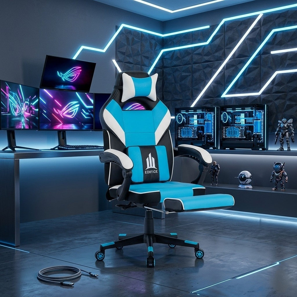 Silla Gamer Edifice Azul Claro y Negro 66x124cm Ergonómica con Apoya Brazos con Espaldar Reclinable y con Apoya Cabezas - SILLAS DE OFICINA | Bylmo