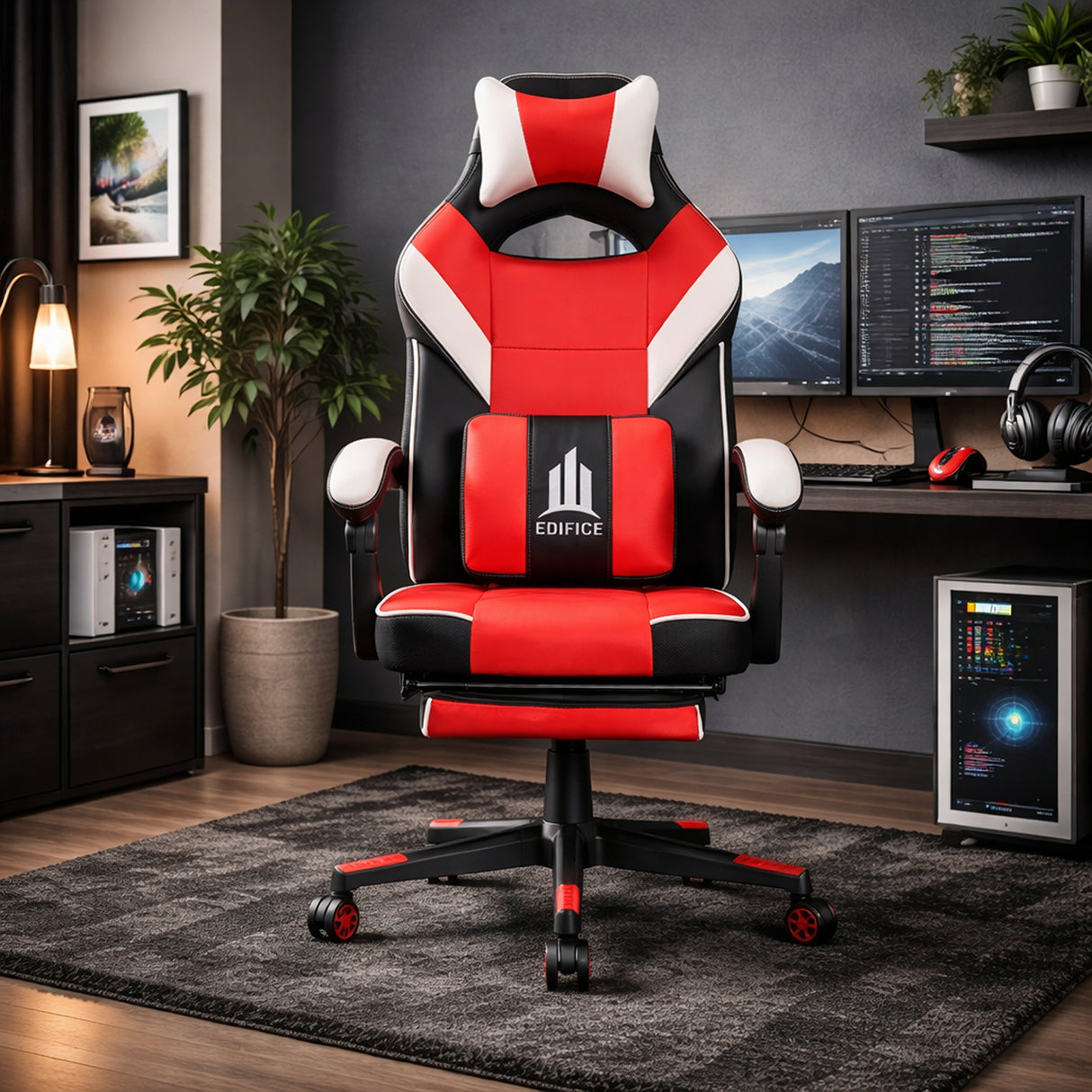 Silla Gamer Edifice Rojo y Negro 66x124cm Ergonómica con Apoya Brazos con Espaldar Reclinable y con Apoya Cabezas - SILLAS DE OFICINA | Bylmo