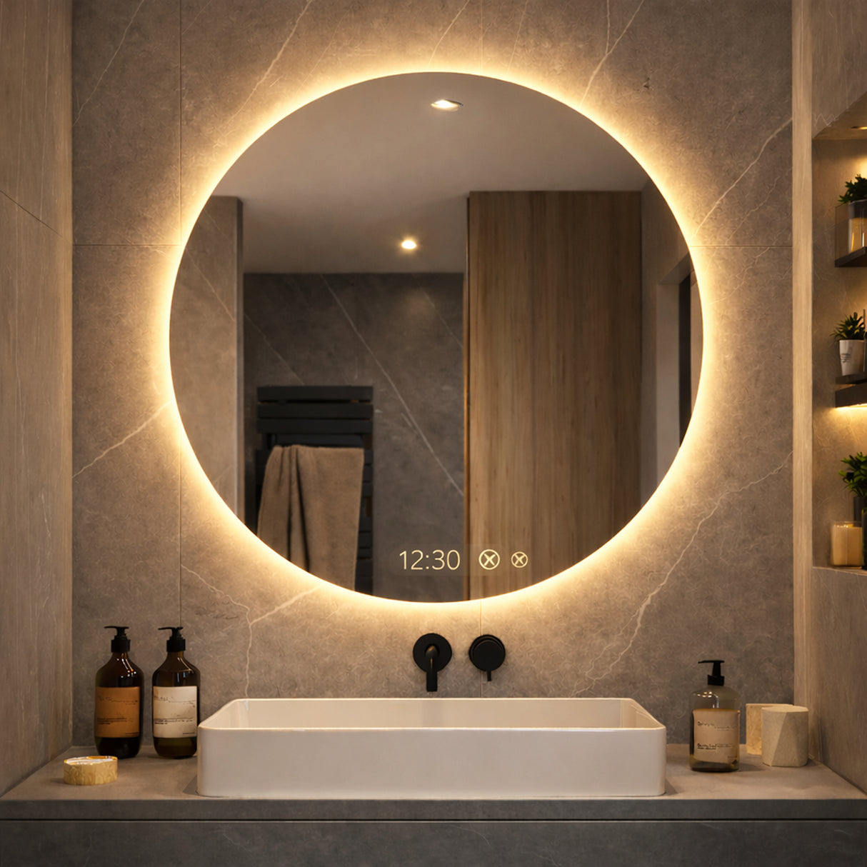 Espejo de Baño Led 80x80cm Redondo Antiempaño sin Marco Con Biselado y con SandBlasting - ESPEJOS DE BANHO | Bylmo