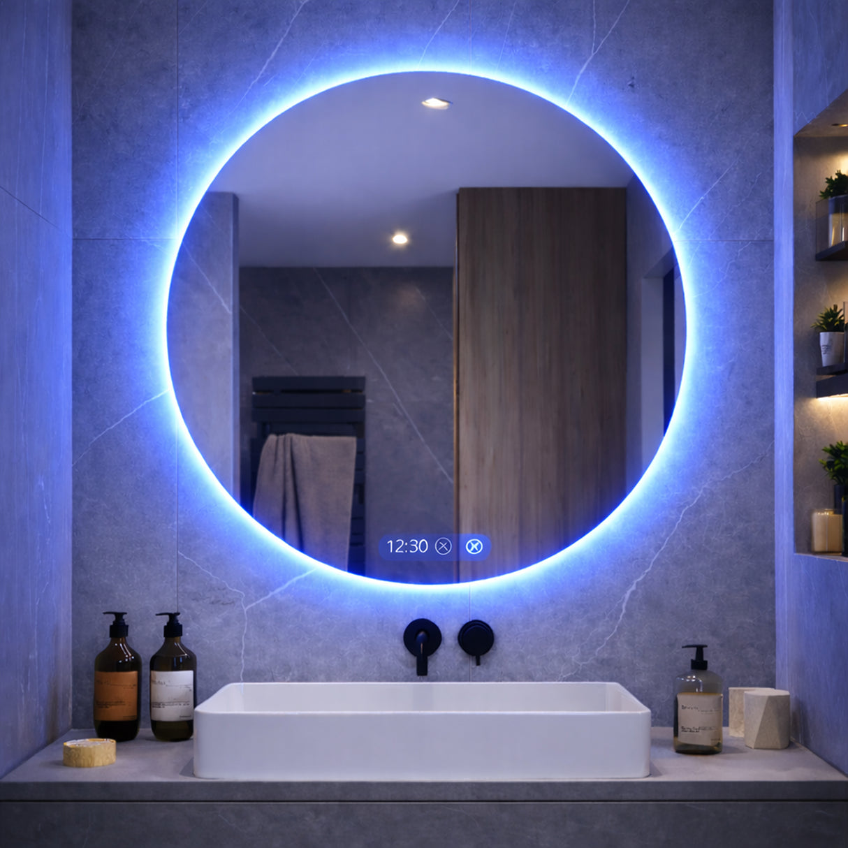 Espejo de Baño Led 80x80cm Redondo Antiempaño sin Marco Con Biselado y con SandBlasting - ESPEJOS DE BANHO | Bylmo