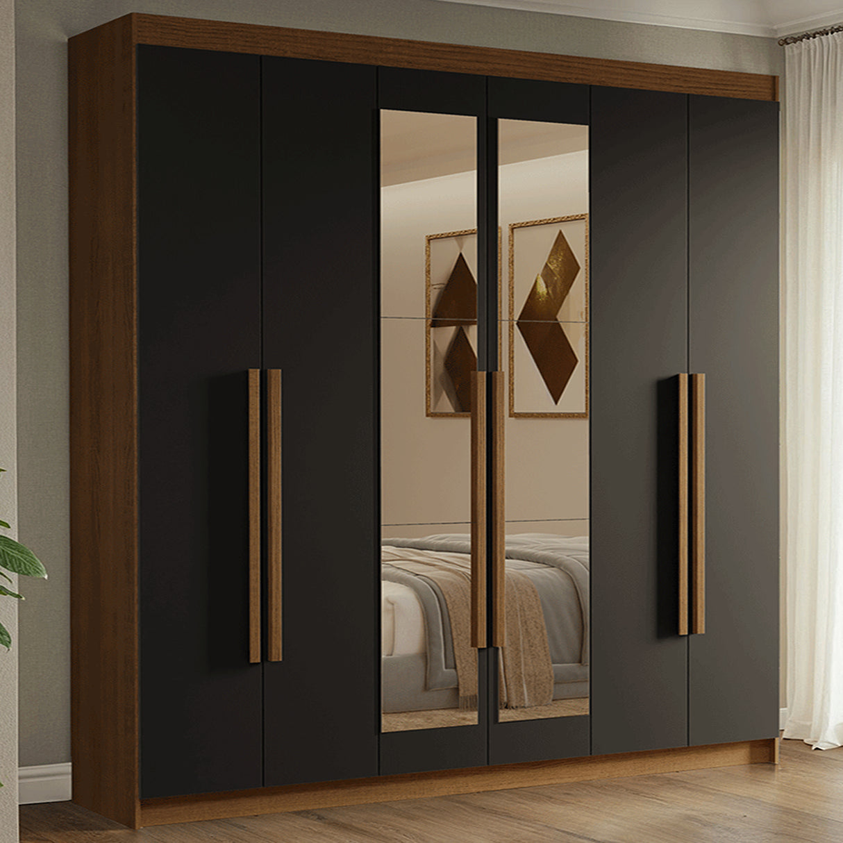 Closet Venus Marrón y Negro 180x217cm con Seis Puertas de Tiradores Marrón con Doce Compartimientos y con Espejo - CLOSETS | Bylmo