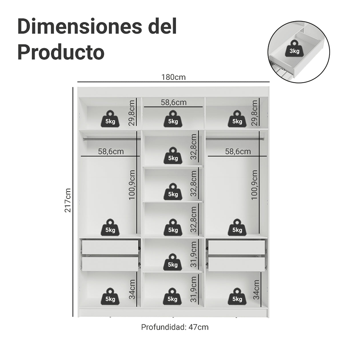Closet Venus Blanco y Negro 180x217cm con Seis Puertas con Doce Compartimientos y con Espejo - CLOSETS | Bylmo