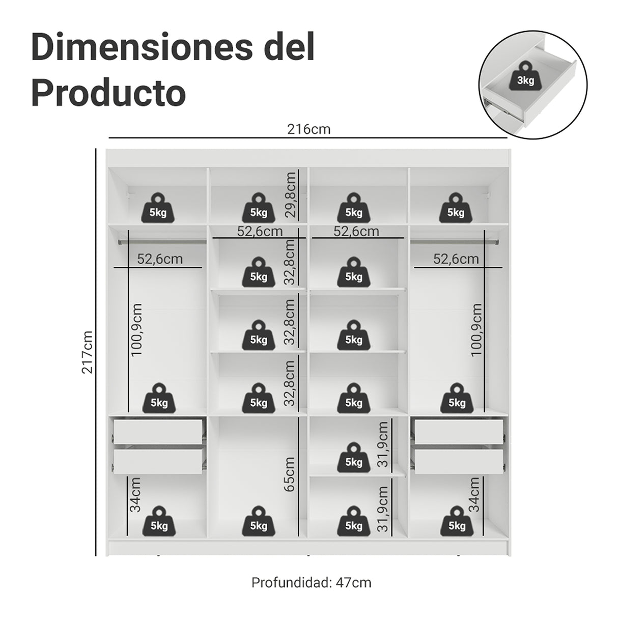 Closet Venus Blanco y Marrón 216x217cm con Ocho Puertas y con Diecisiete Compartimientos - CLOSETS | Bylmo