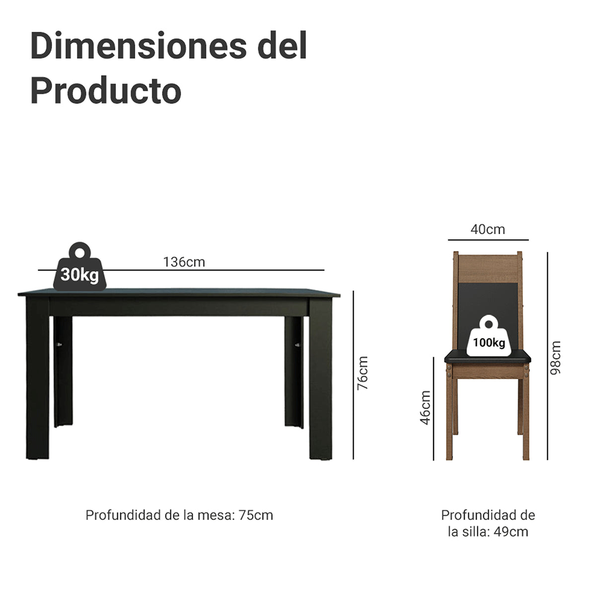 Juego de comedor Havana Negro y Marrón 136x76cm Rectangular de Cuatro Puestos con Cuatro Sillas - COMEDORES | Bylmo