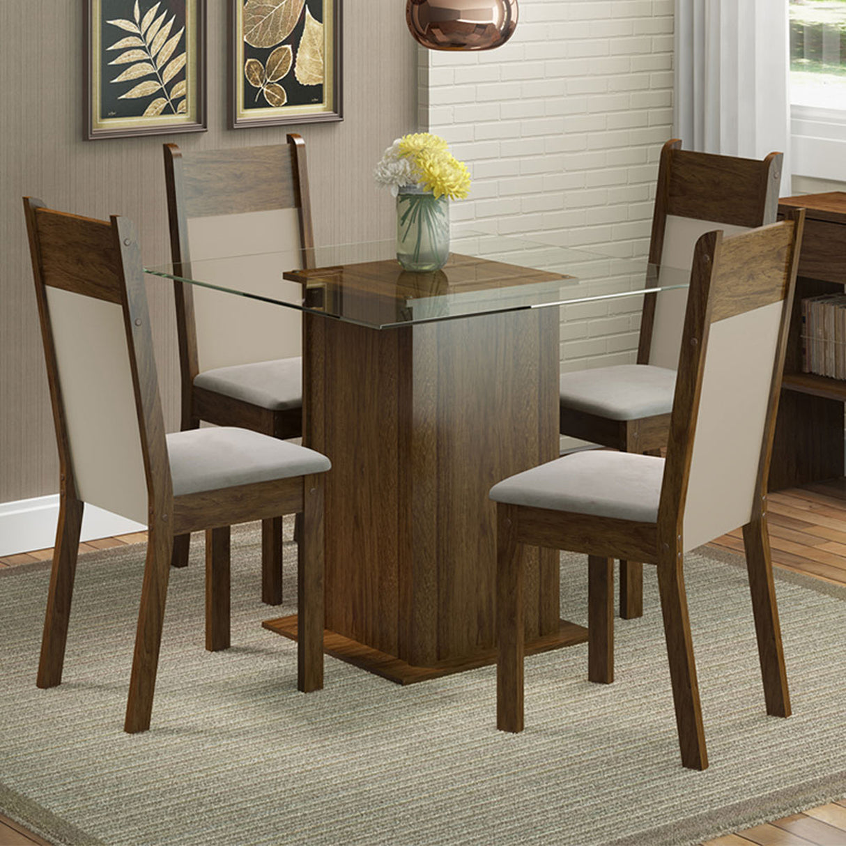 Juego de comedor Dallas Marrón y Crema 80x76cm Cuadrado de Cuatro Puestos con Cuatro Sillas - COMEDORES | Bylmo