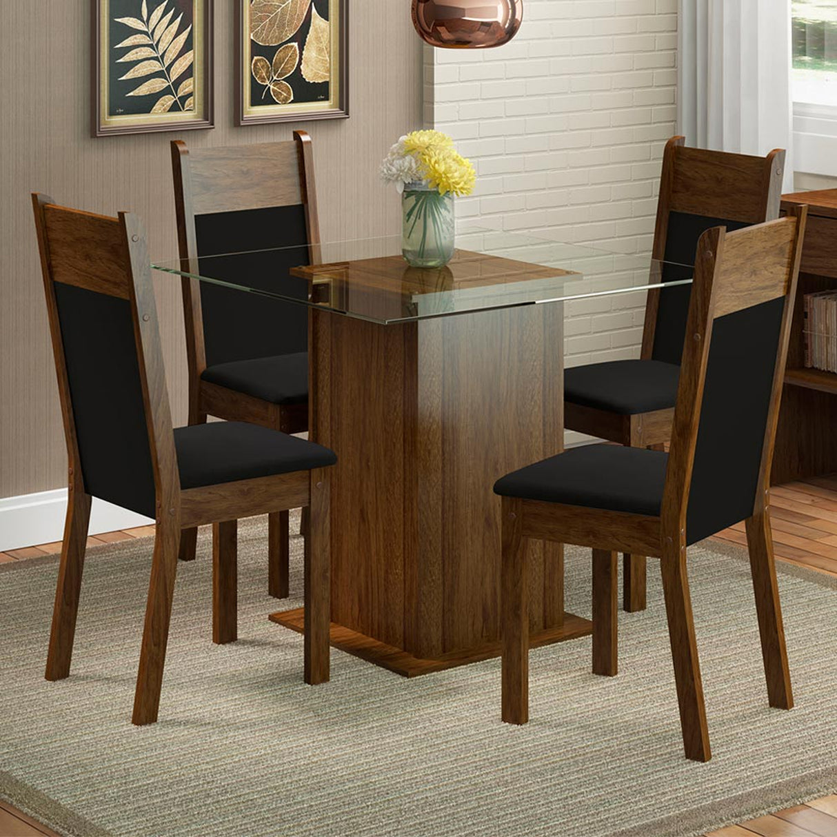 Juego de comedor Dallas Marrón y Negro 80x76cm Cuadrado de Cuatro Puestos con Cuatro Sillas - COMEDORES | Bylmo