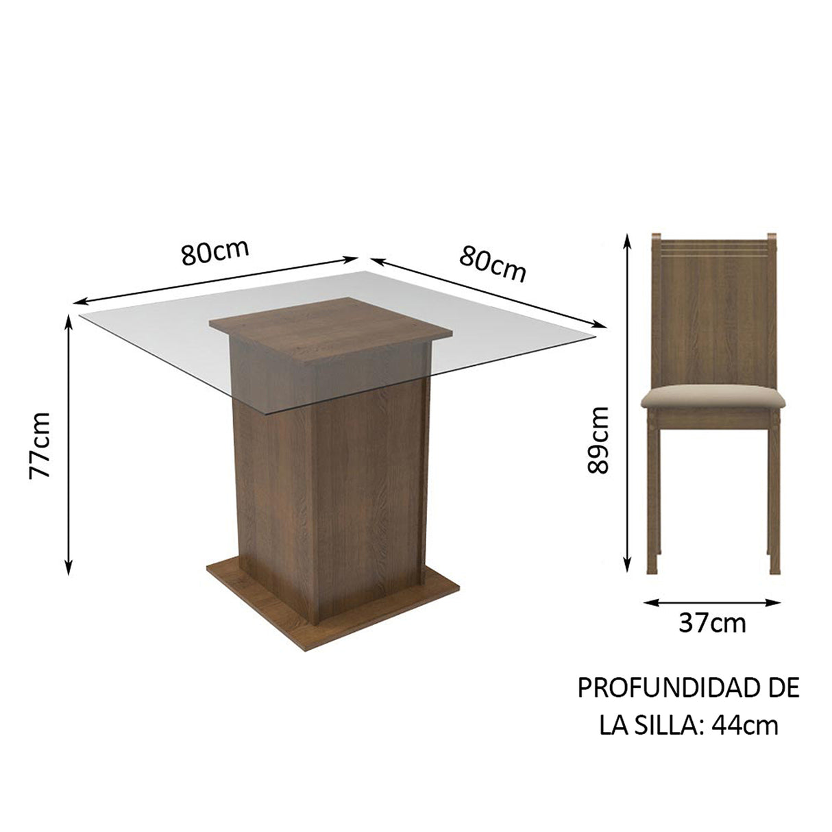 Juego de comedor Maya Marrón y Beige 80x77cm Cuadrado de Cuatro Puestos con Cuatro Sillas - COMEDORES | Bylmo