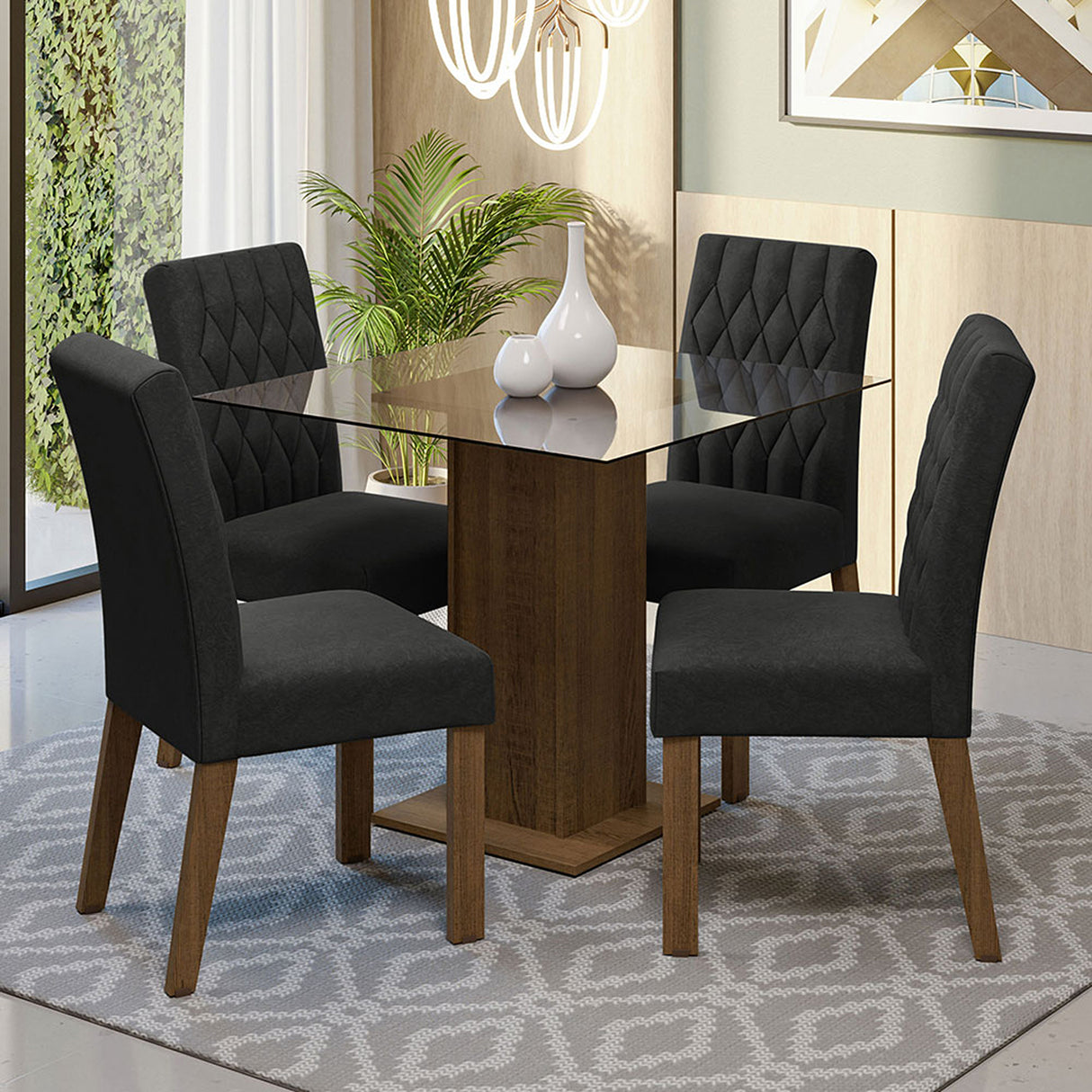 Juego de comedor Noemi Marrón y Negro 80x76cm Cuadrado de Cuatro Puestos con Cuatro Sillas - COMEDORES | Bylmo