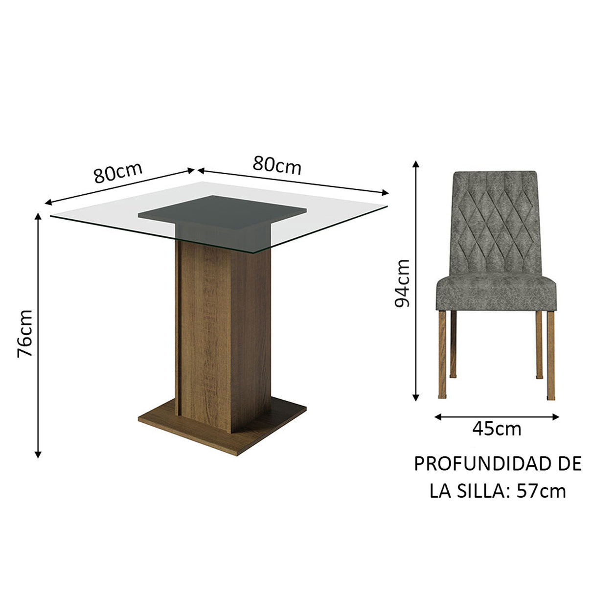Juego de comedor Noemi Marrón y Plata 80x76cm Cuadrado de Cuatro Puestos con Cuatro Sillas - COMEDORES | Bylmo
