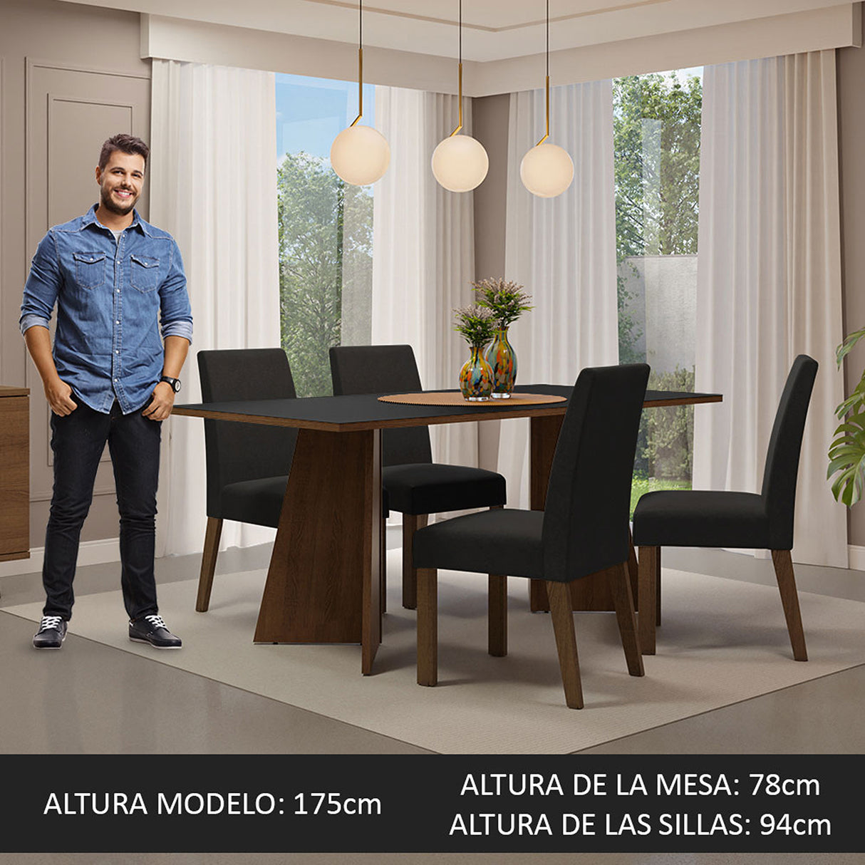 Juego de comedor April Negro Oxford y Marrón 180x78cm Rectangular de Cuatro Puestos con Cuatro Sillas - COMEDORES | Bylmo