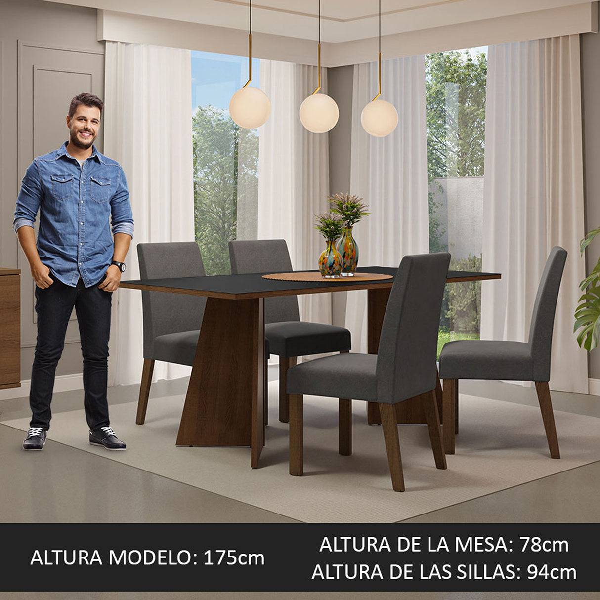 Juego de comedor April Negro y Marrón 180x78cm Rectangular de Cuatro Puestos con Cuatro Sillas - COMEDORES | Bylmo