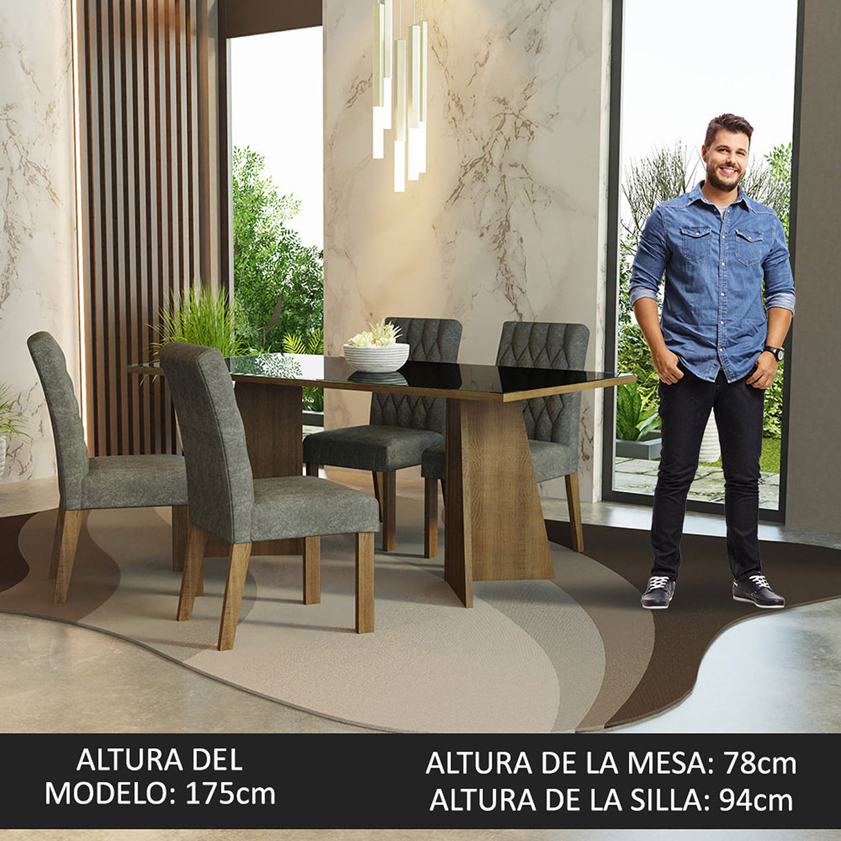 Juego de comedor Harper Negro y Marrón 180x78cm Rectangular de Cuatro Puestos con Cuatro Sillas - COMEDORES | Bylmo