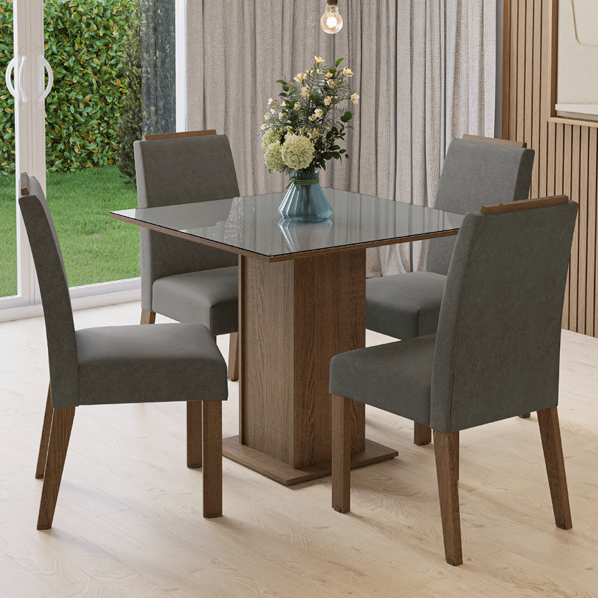 Juego de comedor Sines Marrón y Gris 90x78cm Cuadrado de Cuatro Puestos con Cuatro Sillas - COMEDORES | Bylmo