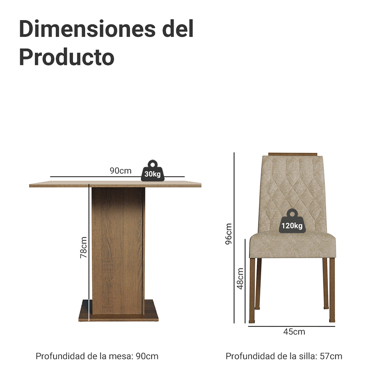 Juego de comedor Cannes Marrón y Crema 90x78cm Cuadrado de Cuatro Puestos con Cuatro Sillas - COMEDORES | Bylmo