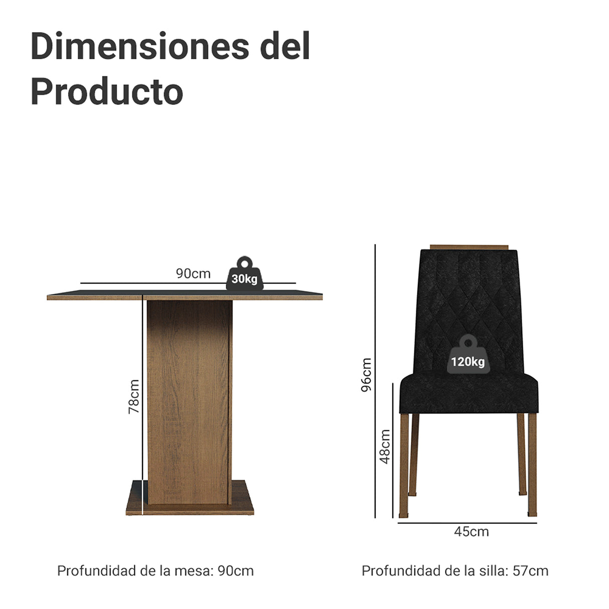 Juego de comedor Cannes Marrón y Negro 90x78cm Cuadrado de Cuatro Puestos con Cuatro Sillas - COMEDORES | Bylmo